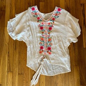 Floral cream tie front top